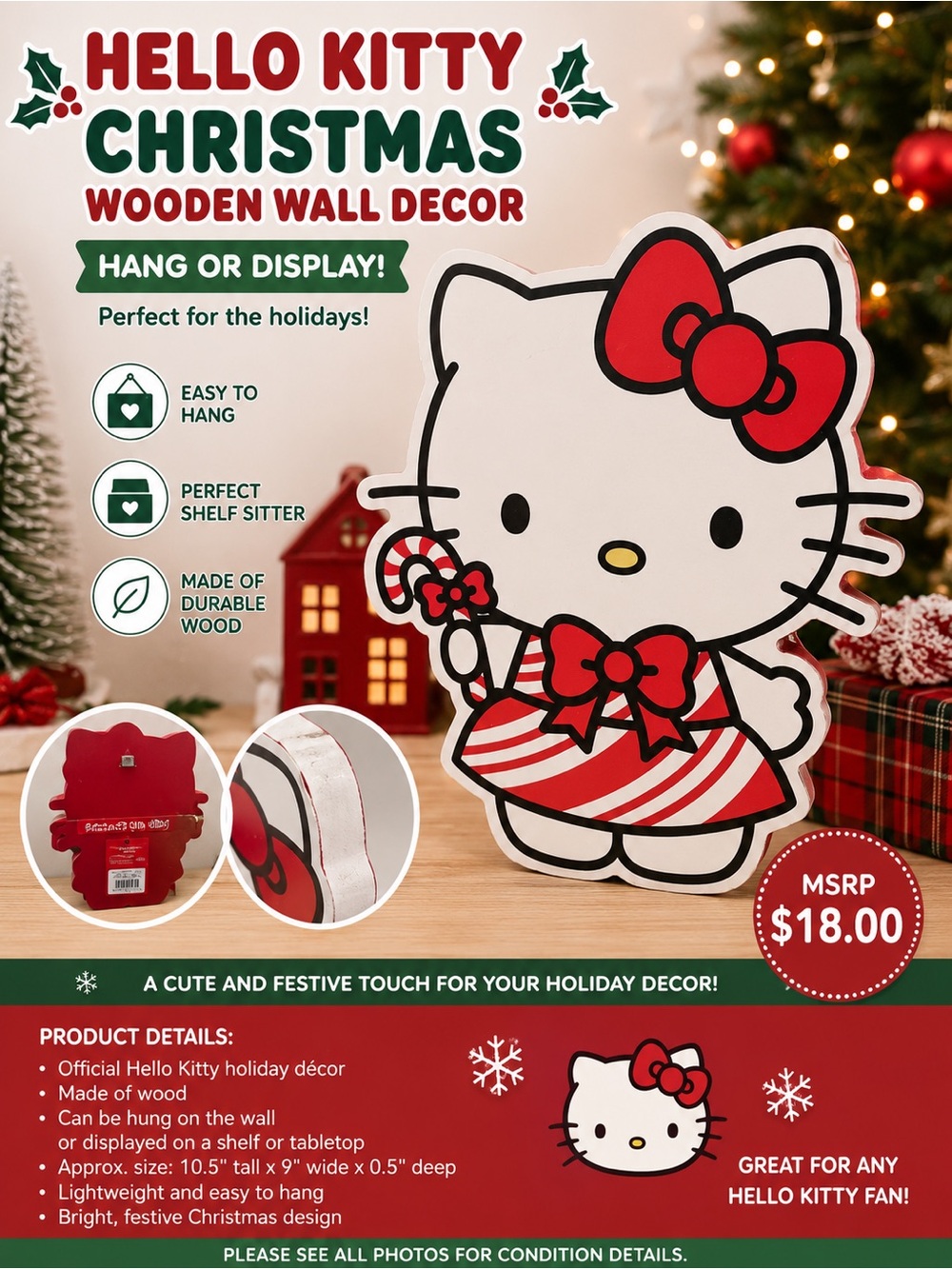 Hello Kitty Red & White Holiday Wooden Wall Decor